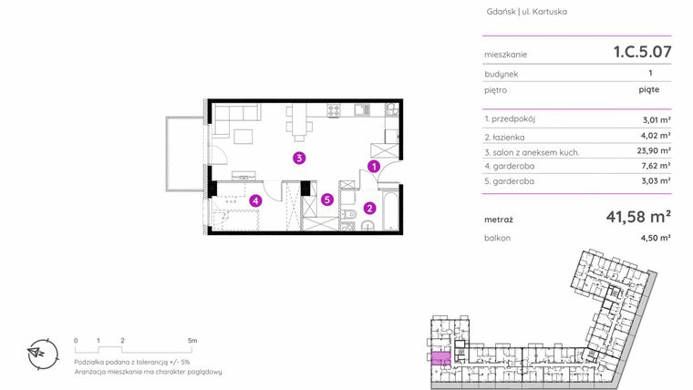 Rzut - Mieszkanie na sprzedaż 1 pokój o powierzchni 41,58 m² - numer 1.C.5.07 w Murapol Scarpa
