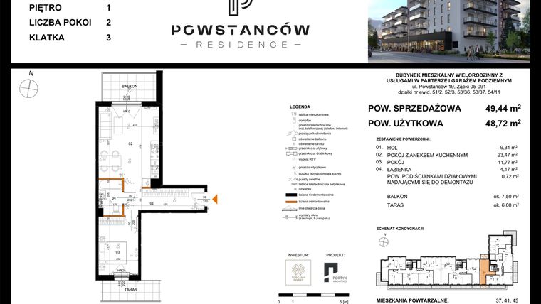 Rzut - Mieszkanie na sprzedaż 2 pokoje o powierzchni 49,44 m² - numer 33 w Powstańców Residence