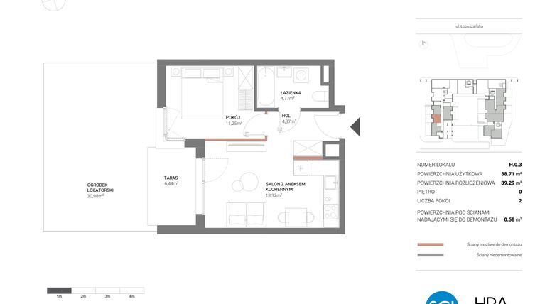 Rzut - Mieszkanie na sprzedaż 2 pokoje o powierzchni 39,29 m² - numer H.0.3 w Łopuszańska 47 - etap 3