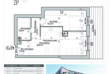 Rzut - Mieszkanie na sprzedaż 2 pokoje o powierzchni 53,49 m² - numer 1 w Aleja