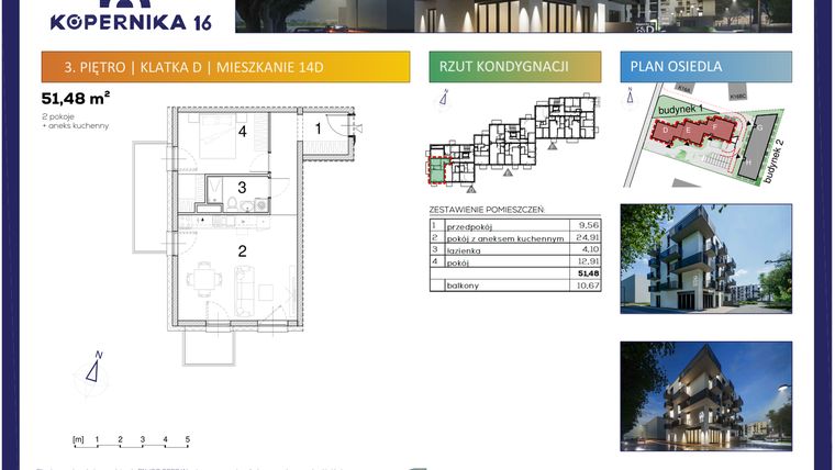 Rzut - Mieszkanie na sprzedaż 2 pokoje o powierzchni 51,48 m² - numer D14 w Kopernika Szesnaście