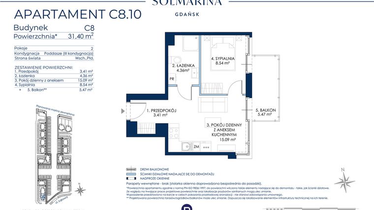 Rzut - Mieszkanie na sprzedaż 2 pokoje o powierzchni 31,4 m² - numer C8.10 w Sol Marina etap III