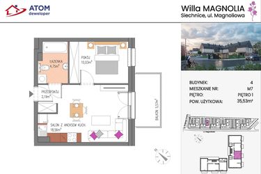 Rzut - Mieszkanie na sprzedaż 2 pokoje o powierzchni 35,53 m² - numer Bud.4-7 w Willa Magnolia