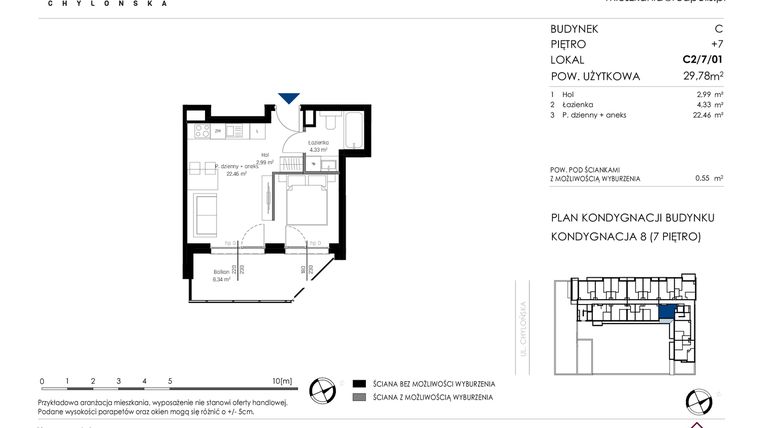 Rzut - Mieszkanie na sprzedaż 1 pokój o powierzchni 29,78 m² - numer C2/7/01 w Chylońska STO10 etap III