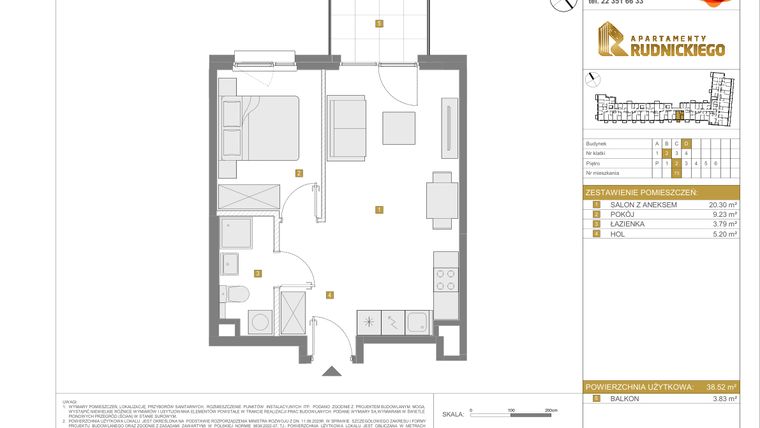 Rzut - Mieszkanie na sprzedaż 2 pokoje o powierzchni 38,52 m² - numer D.73 w Apartamenty Rudnickiego