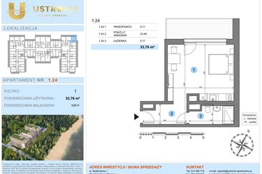 Rzut - Mieszkanie na sprzedaż 1 pokój o powierzchni 33,76 m² - numer 1.24 w Ustronie Luxury Apartments