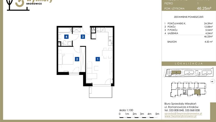 Rzut - Mieszkanie na sprzedaż 2 pokoje o powierzchni 46,25 m² - numer M.A13 w 3 Wymiary Bronowice