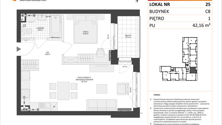 Rzut - Mieszkanie na sprzedaż 2 pokoje o powierzchni 42,16 m² - numer C8.25 w Konstelacja etap IV