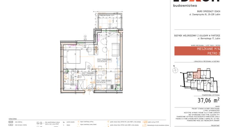 Rzut - Mieszkanie na sprzedaż 1 pokój o powierzchni 37,06 m² - numer 14 w Biernackiego 15-17