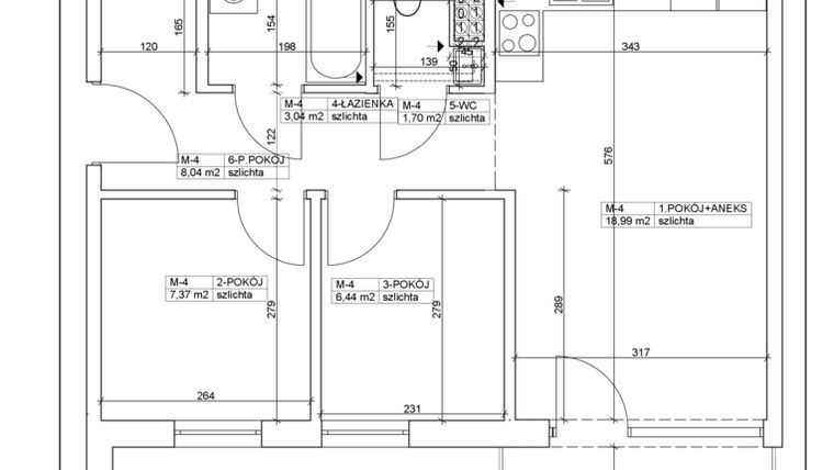 Rzut - Mieszkanie na sprzedaż 3 pokoje o powierzchni 45,58 m² - numer 4 w Bydgoska 19
