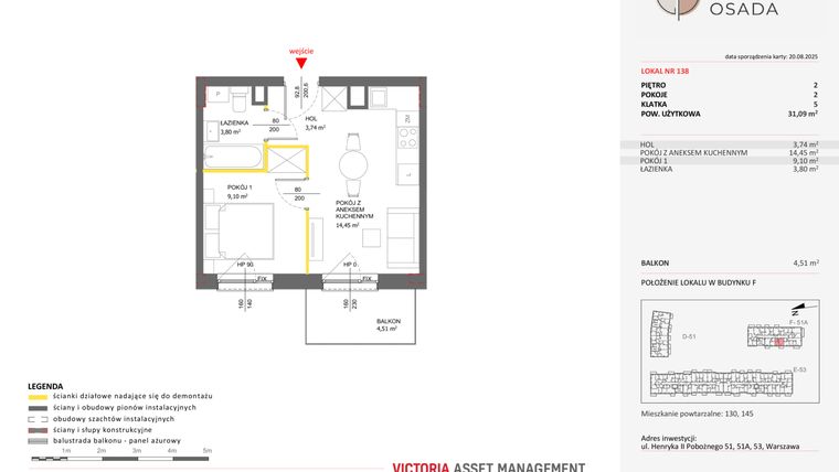 Rzut - Mieszkanie na sprzedaż 2 pokoje o powierzchni 31,09 m² - numer F.138 w Piastova Osada