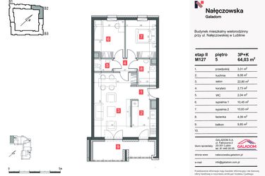 Rzut - Mieszkanie na sprzedaż 3 pokoje o powierzchni 64,03 m² - numer M-127 w Nałęczowska etap II