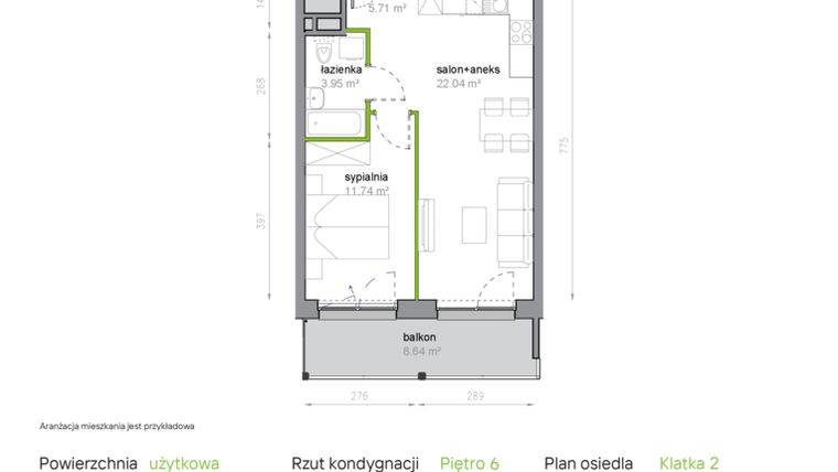 Rzut - Mieszkanie na sprzedaż 2 pokoje o powierzchni 43,44 m² - numer K2/6/27 w Piękna Vita