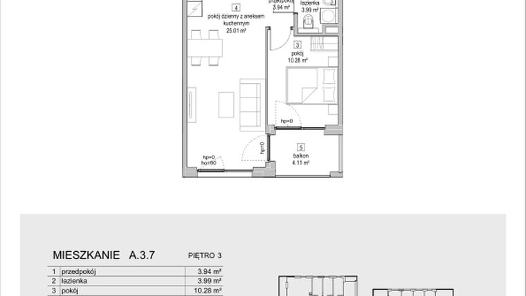 Rzut - Mieszkanie na sprzedaż 2 pokoje o powierzchni 43,22 m² - numer A.3.7 w ATAL Symbioza IA