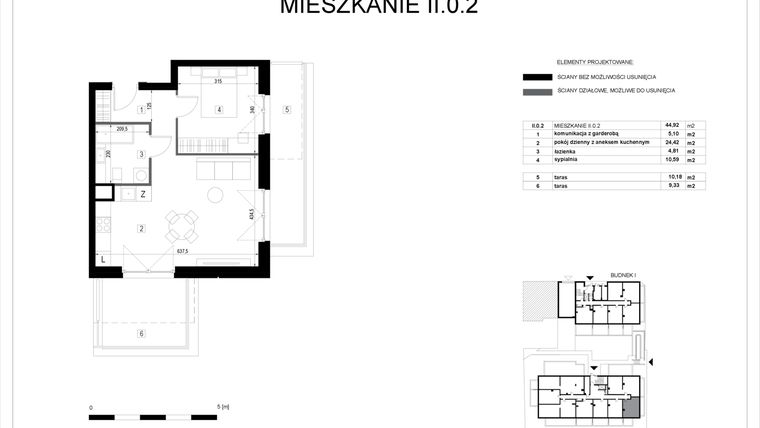 Rzut - Mieszkanie na sprzedaż 2 pokoje o powierzchni 44,92 m² - numer II.0.2 w Pryncypalna 66