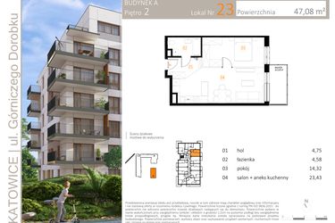 Rzut - Mieszkanie na sprzedaż 2 pokoje o powierzchni 47,08 m² - numer A_23 w Zielony Nikiszowiec