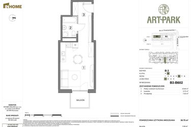 Rzut - Mieszkanie na sprzedaż 1 pokój o powierzchni 30,75 m² - numer B.3.B602 w Inhome Osiedle ArtPark etap I