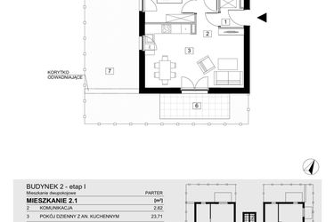 Rzut - Mieszkanie na sprzedaż 2 pokoje o powierzchni 43,36 m² - numer 2.1 w Jasieny