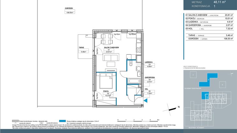 Rzut - Mieszkanie na sprzedaż 2 pokoje o powierzchni 48,11 m² - numer D2.1.03 w Nordic Bemowo - etap IV