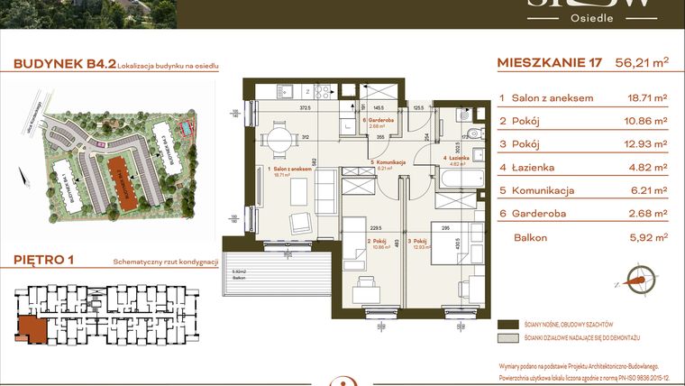 Rzut - Mieszkanie na sprzedaż 3 pokoje o powierzchni 56,21 m² - numer B4.2.17 w Osiedle SLOW