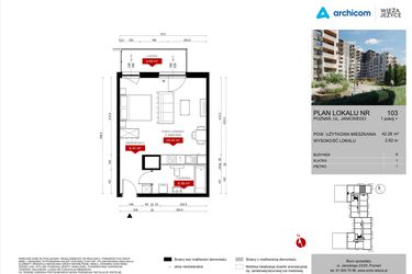 Rzut - Mieszkanie na sprzedaż 1 pokój o powierzchni 42,29 m² - numer K.103 w Wieża Jeżyce etap V