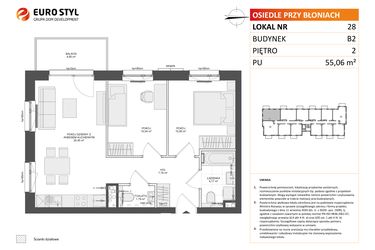 Rzut - Mieszkanie na sprzedaż 3 pokoje o powierzchni 55,06 m² - numer B2.28 w Osiedle Przy Błoniach 3 etap III