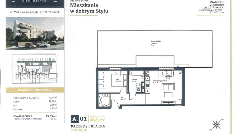 Rzut - Mieszkanie na sprzedaż 2 pokoje o powierzchni 45,85 m² - numer A1 w Mickiewicza