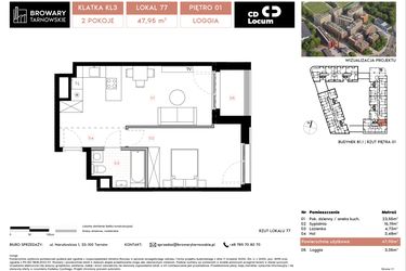 Rzut - Mieszkanie na sprzedaż 2 pokoje o powierzchni 47,95 m² - numer B1.1.77 w Browary Tarnowskie etap 1
