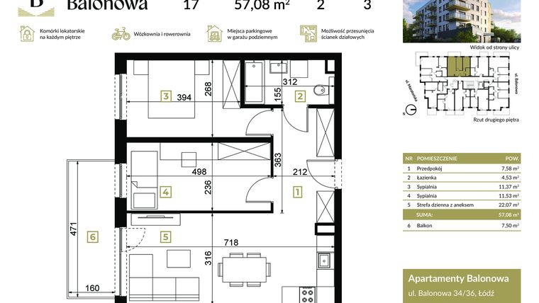 Rzut - Mieszkanie na sprzedaż 3 pokoje o powierzchni 57,08 m² - numer 17 w Apartamenty Balonowa