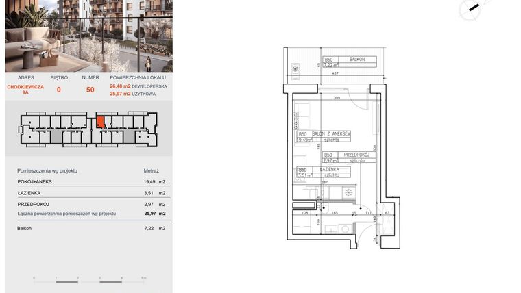 Rzut - Mieszkanie na sprzedaż 1 pokój o powierzchni 25,97 m² - numer B50 w Symfonia - Chodkiewicza 9