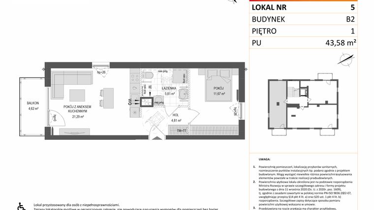 Rzut - Mieszkanie na sprzedaż 2 pokoje o powierzchni 43,58 m² - numer B2.5 w Gdańskie Zacisze