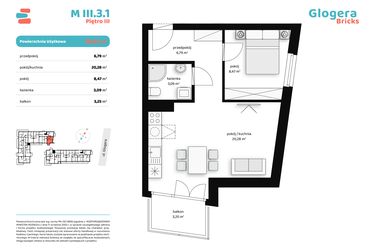 Rzut - Mieszkanie na sprzedaż 2 pokoje o powierzchni 38,63 m² - numer M III.3.1 w Glogera Bricks