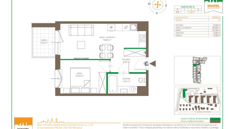 Rzut - Mieszkanie na sprzedaż 2 pokoje o powierzchni 36,93 m² - numer F/23 w Ostródzka 123 - III etap