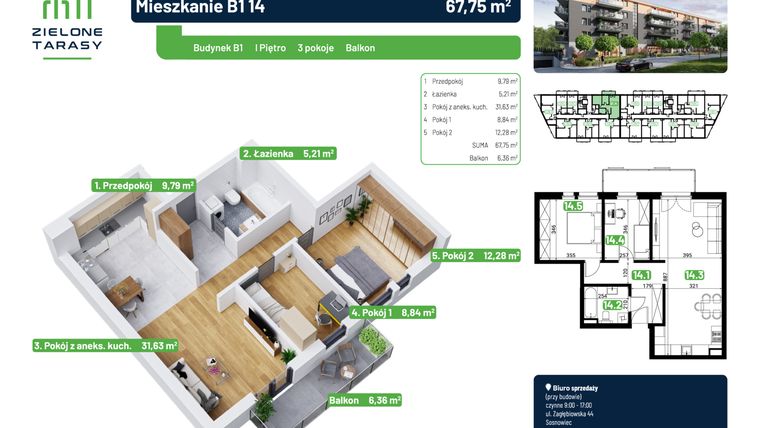 Rzut - Mieszkanie na sprzedaż 3 pokoje o powierzchni 67,75 m² - numer B1.14 w Zielone Tarasy