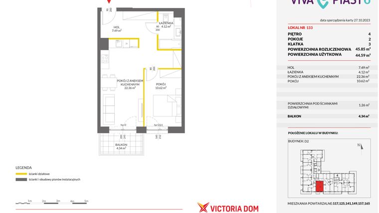 Rzut - Mieszkanie na sprzedaż 2 pokoje o powierzchni 45,84 m² - numer 133 w Viva Piast 6