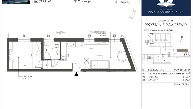 Rzut - Mieszkanie na sprzedaż 2 pokoje o powierzchni 39,72 m² - numer 14 w Przystań Bogaczewo