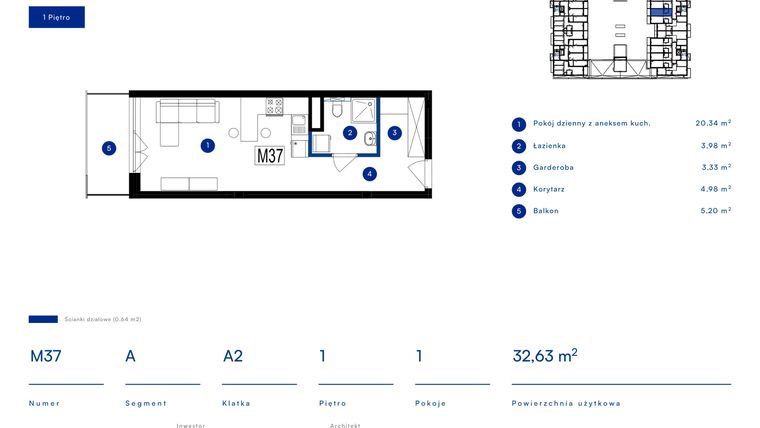 Rzut - Mieszkanie na sprzedaż 1 pokój o powierzchni 32,63 m² - numer 37A w Przy Bursztynowej
