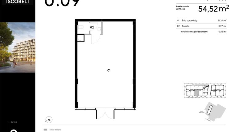 Rzut - Lokal użytkowy na sprzedaż 1 pokój o powierzchni 55,07 m² - numer U.09 w Browar HUGO SCOBEL