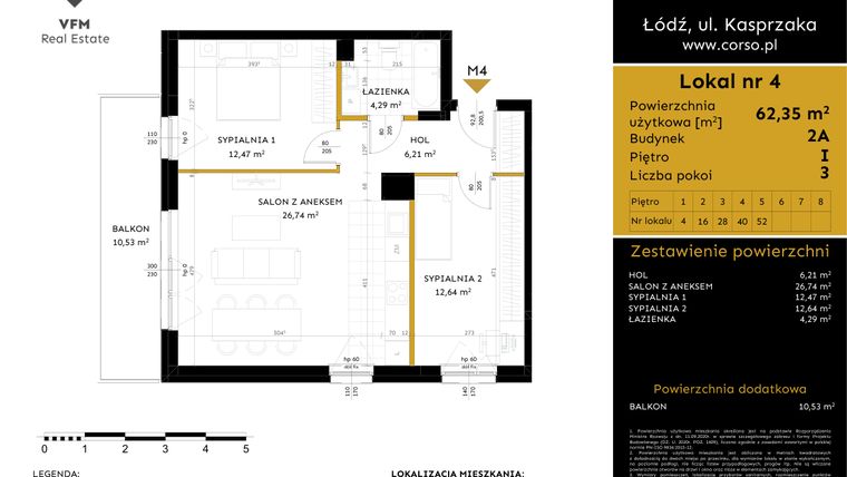 Rzut - Mieszkanie na sprzedaż 3 pokoje o powierzchni 62,35 m² - numer 2A.4 w Corso etap 2