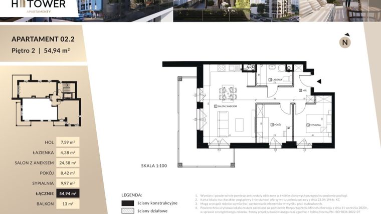 Rzut - Mieszkanie na sprzedaż 3 pokoje o powierzchni 54,94 m² - numer Hi 02.2 w Hi Tower