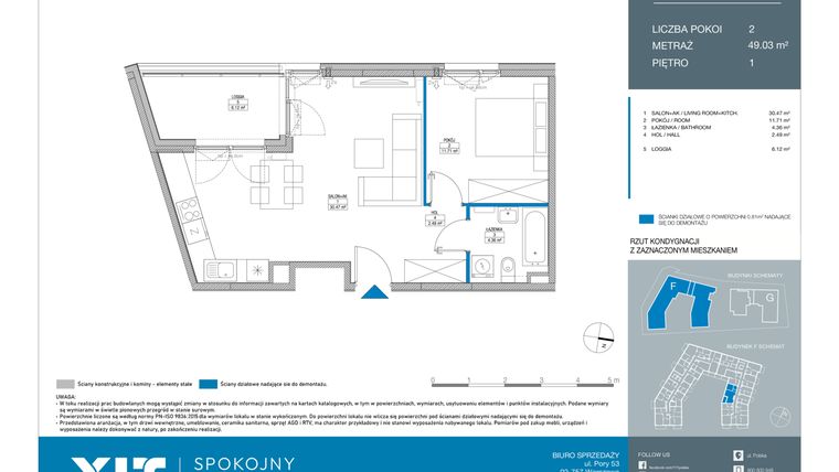 Rzut - Mieszkanie na sprzedaż 2 pokoje o powierzchni 49,03 m² - numer FB0105 w Spokojny Mokotów etap II