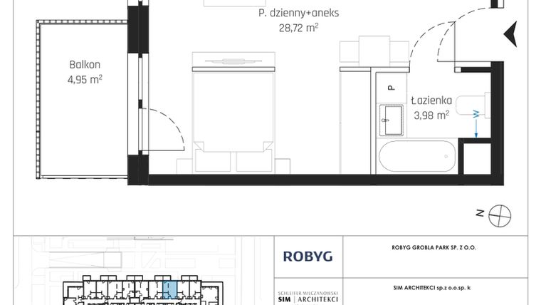 Rzut - Mieszkanie na sprzedaż 1 pokój o powierzchni 33,98 m² - numer J.2M23 w Nadmotławie Apartments etap J