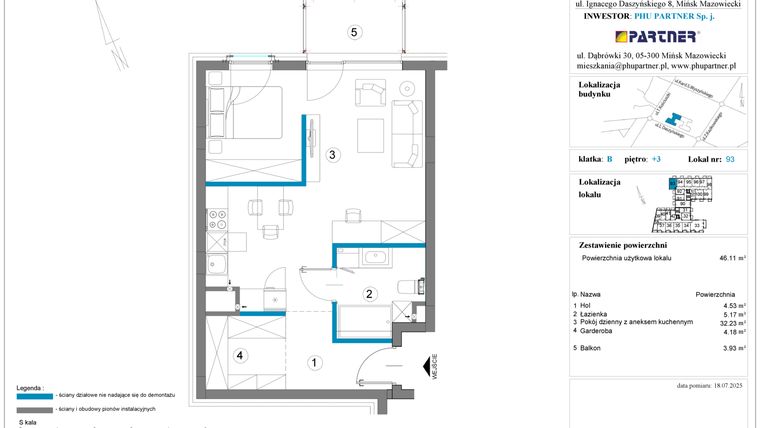 Rzut - Mieszkanie na sprzedaż 1 pokój o powierzchni 46,11 m² - numer B.3.93 w Daszyńskiego Square etap 1