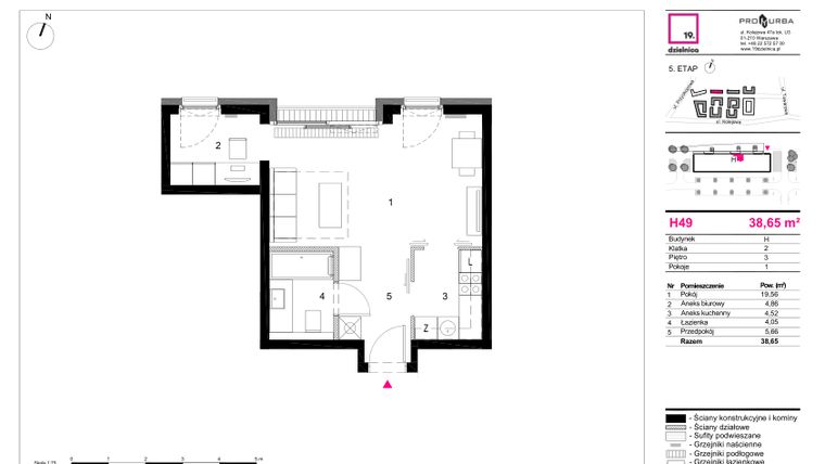 Rzut - Mieszkanie na sprzedaż 1 pokój o powierzchni 38,65 m² - numer H49 w 19. Dzielnica Etap V