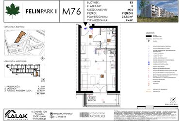 Rzut - Mieszkanie na sprzedaż 1 pokój o powierzchni 31,81 m² - numer M76 w Felin Park II etap 2