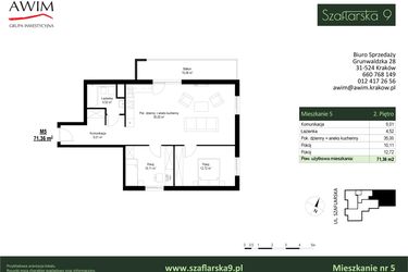 Rzut - Mieszkanie na sprzedaż 3 pokoje o powierzchni 71,36 m² - numer M5 w Szaflarska 9