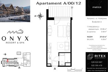 Rzut - Mieszkanie na sprzedaż 1 pokój o powierzchni 27,43 m² - numer 00.A12 w Onyx Resort & Spa