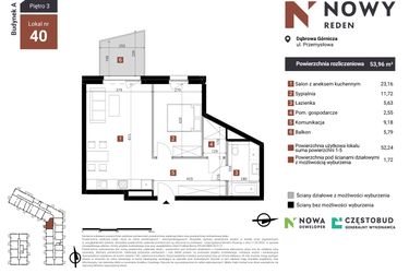 Rzut - Mieszkanie na sprzedaż 2 pokoje o powierzchni 53,96 m² - numer A40 w Nowy Reden