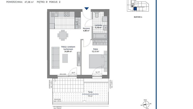 Rzut - Mieszkanie na sprzedaż 2 pokoje o powierzchni 47,08 m² - numer A.0.11 w Linea bud. A
