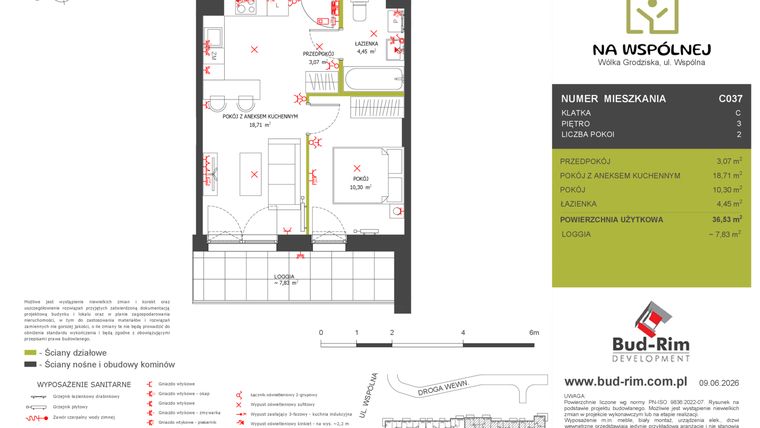 Rzut - Mieszkanie na sprzedaż 2 pokoje o powierzchni 36,53 m² - numer C37 w Na Wspólnej etap 2